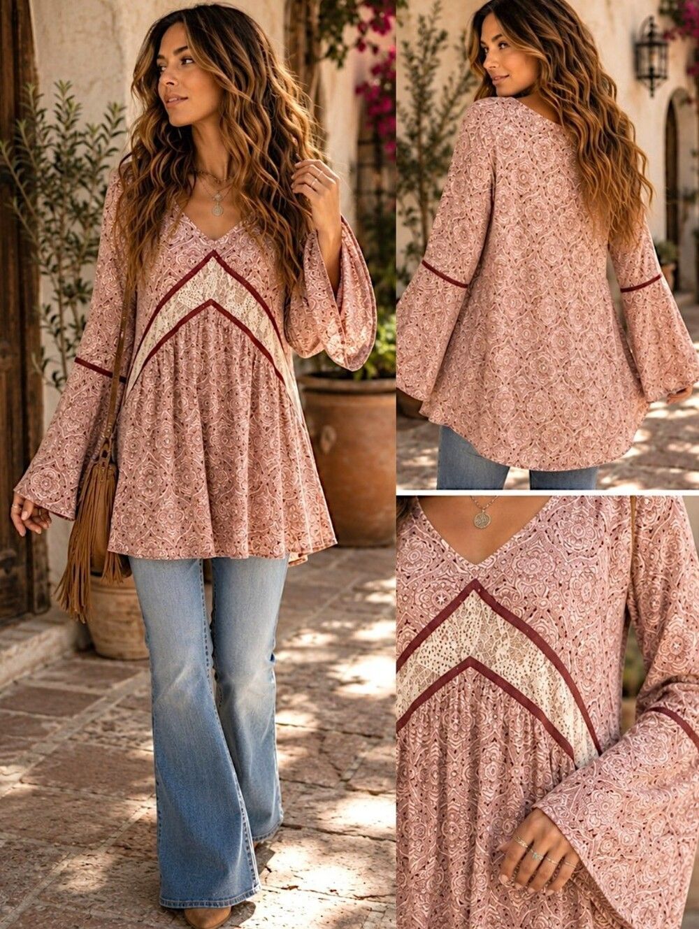 Entro Boho Paisley Tunic Top L Bell Sleeve Lace Trim Longline Festival Blouse